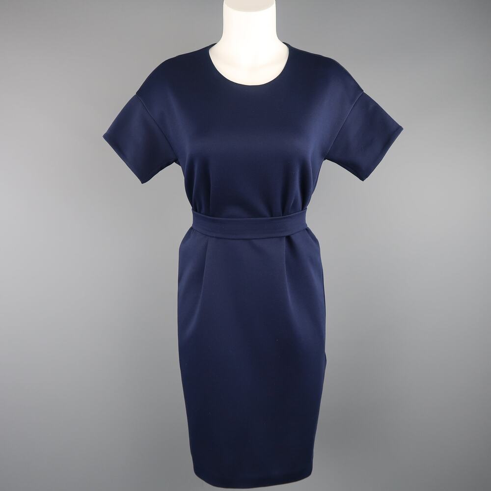 JIL SANDER Size M Navy Cotton / Polyester Jersey Short Sleeve Belted Shift Dress